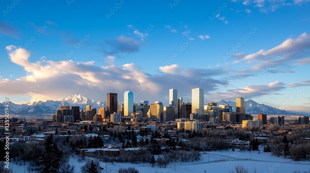 Fototapeta premium Vibrant city skyline with modern buildings and mountain backdrop illuminating the horizon during sunset : Generative AI