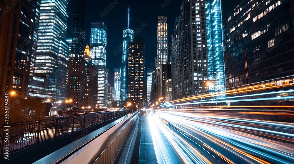 Naklejka premium Dynamic urban night scene showcasing vibrant city skyscrapers and light trails from busy traffic : Generative AI