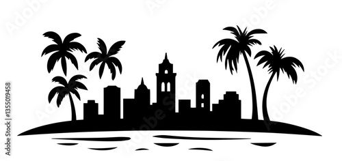 tropical island with city skyline and palm trees black vector silhouette