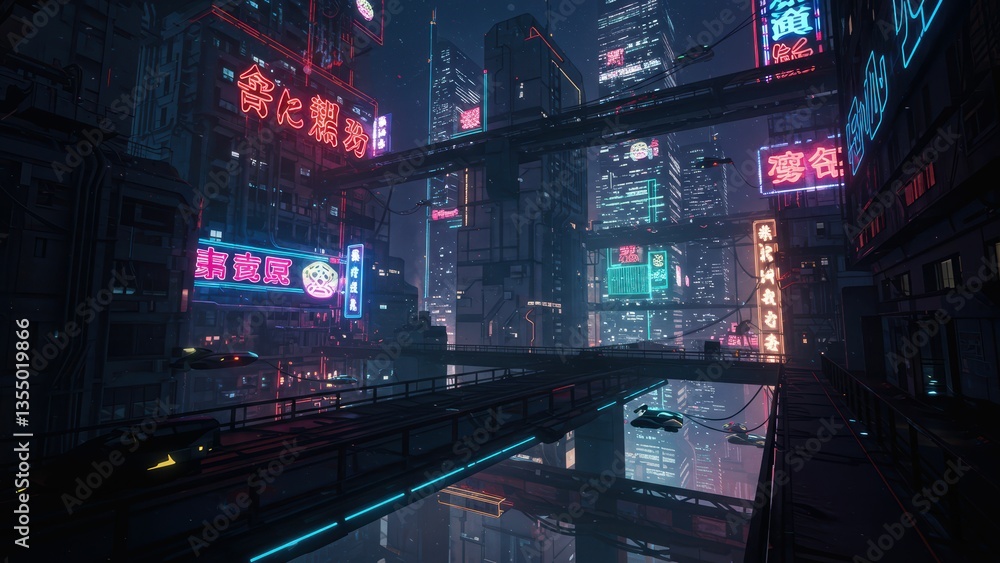 Obraz premium Cyberpunk cityscape with neon signs, elevated walkways and flying vehicles. Night urban exploration depicting technological innovation, advanced architecture and fantasy concepts.
