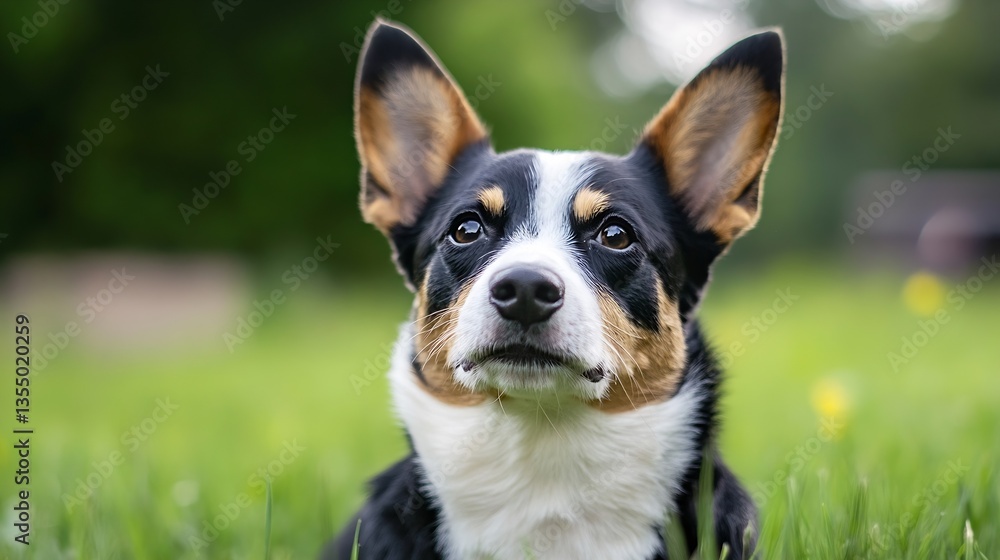 Closeup portrait of a curious corgi dog with bright eyes and perked ears in a green field : Generative AI Closeup portrait of a curious corgi dog with bright eyes and perked ears in a green field : Generative AI