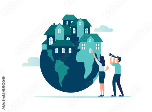Vector illustration, real estate business concept with houses, the growing real estate market in the world, buying real estate