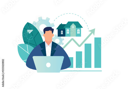 Vector illustration, The concept of a real estate business with houses, the growing real estate market, the increase in the value of houses and square meters, the purchase of real estate