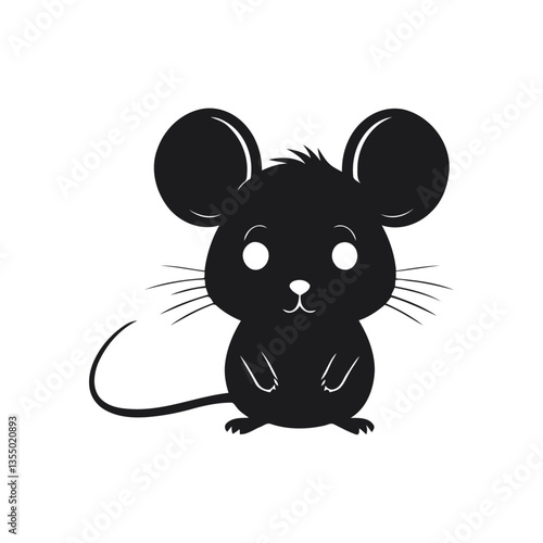 A black and white vector silhouette of a lonely baby mouse standing with a sorrowful face on a white background