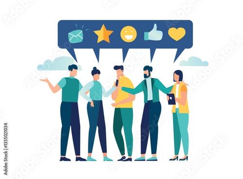 user experience or customer satisfaction, opinion about a product and services, rating in a review or evaluation concept, reviews using emoticons such as "asterisks", "thumbs up", vector illustration