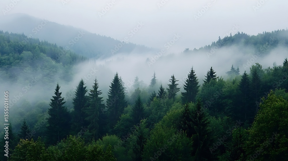 Mysterious fog rolling over lush green mountains in a serene landscape : Generative AI Mysterious fog rolling over lush green mountains in a serene landscape : Generative AI