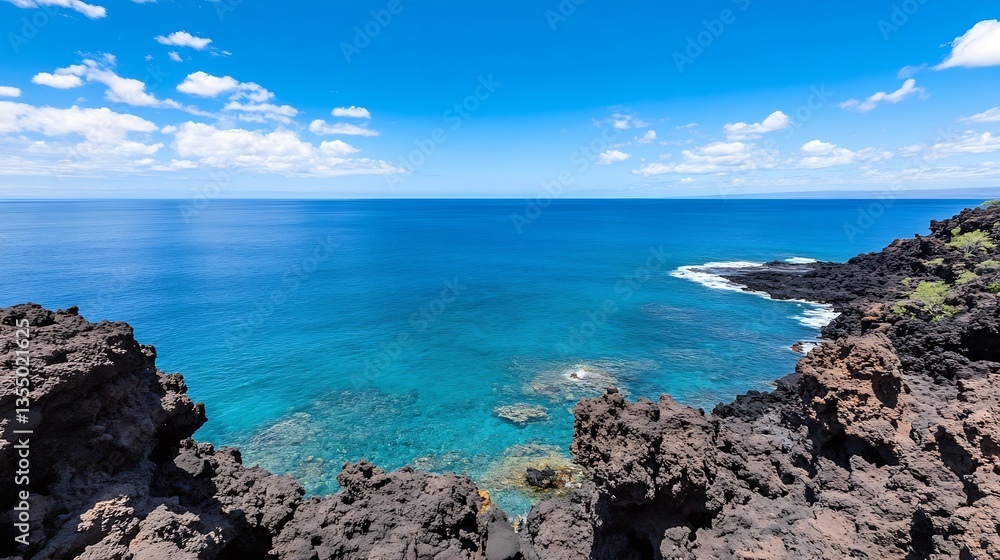 Stunning coastal view with clear blue water and rocky shoreline under a bright sky : Generative AI Stunning coastal view with clear blue water and rocky shoreline under a bright sky : Generative AI