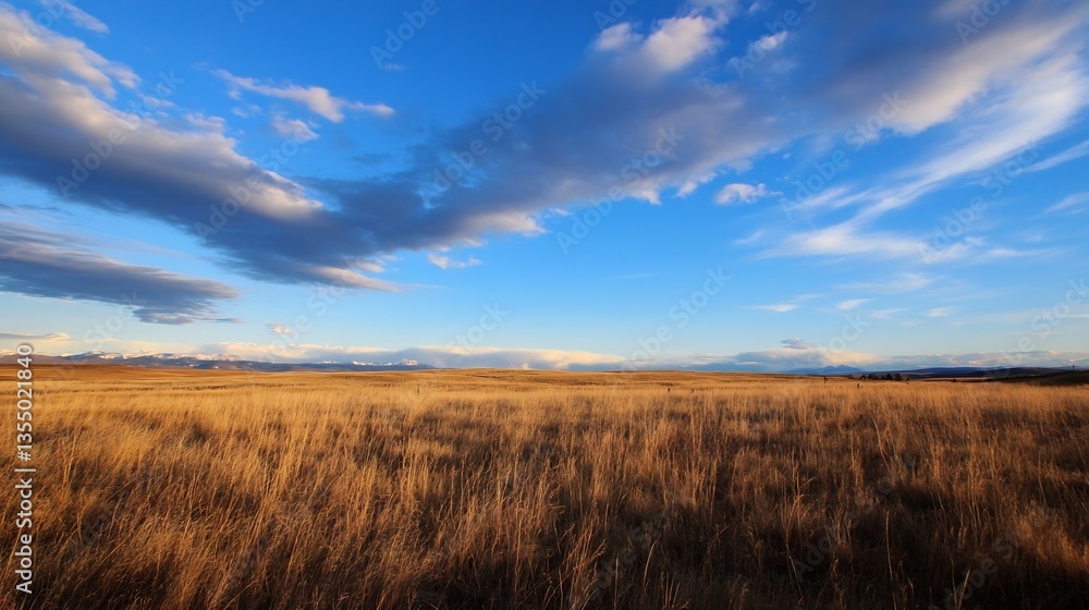 Expansive Golden Grassy Field Under Vast Blue Sky with Soft White Clouds Floating : Generative AI Expansive Golden Grassy Field Under Vast Blue Sky with Soft White Clouds Floating : Generative AI