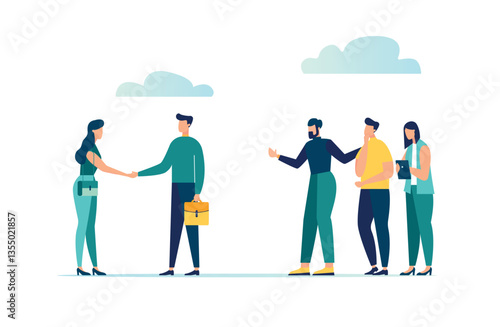 vector illustration, Hiring a new employee, warm welcome to a new office, introduction of a new employee to colleagues, introductory training on the concept of the first working day