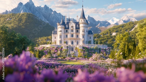 Majestic Castle in Blooming Landscape: An imposing castle nestled amidst rolling hills and verdant gardens, offering a picturesque view of towering mountains in the distance.