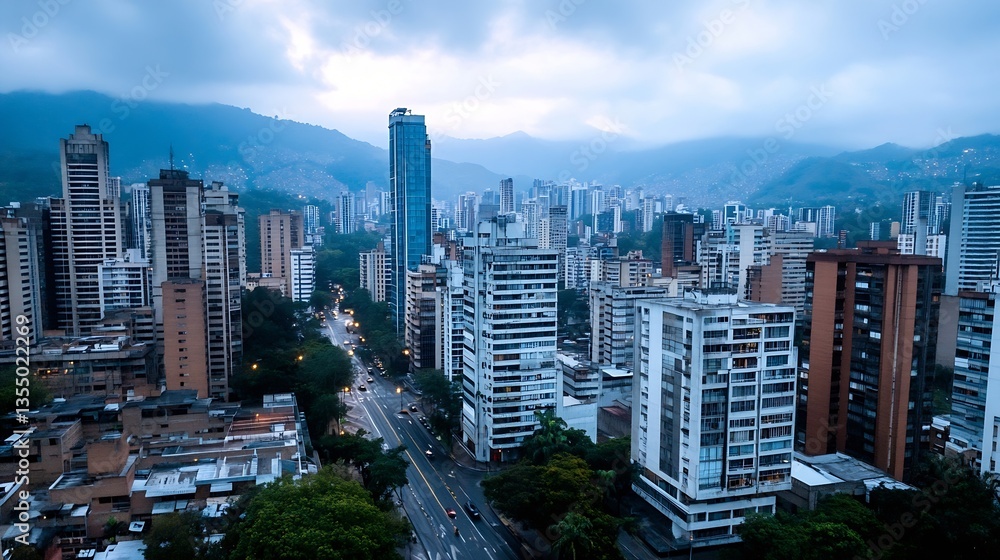 Panoramic view of a bustling urban city with high rise buildings under a cloudy sky : Generative AI Panoramic view of a bustling urban city with high rise buildings under a cloudy sky : Generative AI