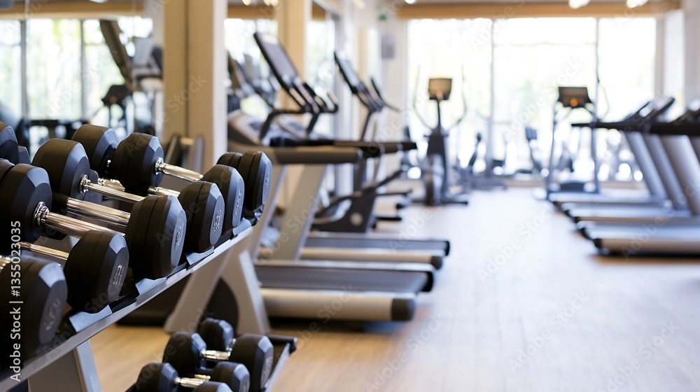Fototapeta premium Wellequipped gym showcasing dumbbells and workout machines in a bright atmosphere : Generative AI