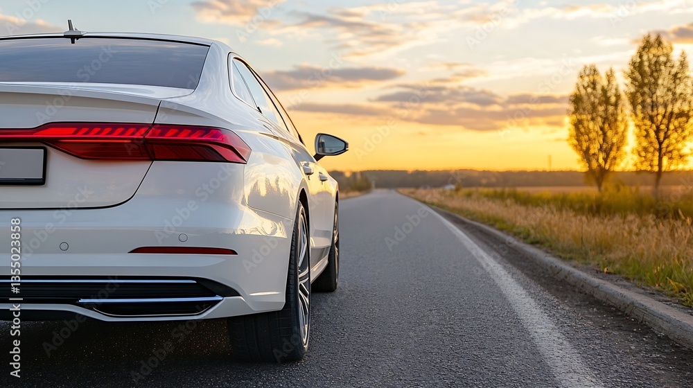 Fototapeta premium Stylish white luxury car parked on an empty road with a stunning sunset backdrop : Generative AI