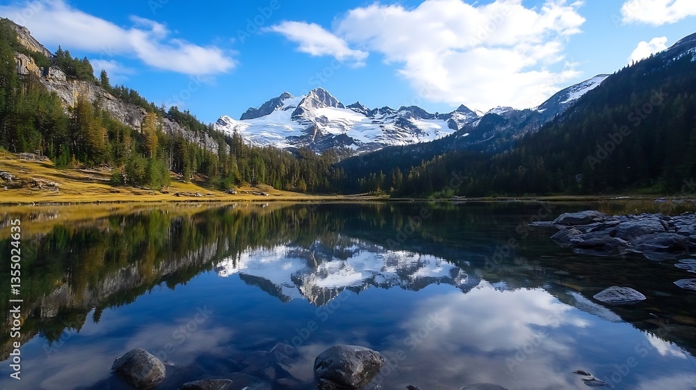 Majestic SnowCapped Mountains Reflecting on a Crystal Clear Lake Under Blue Skies : Generative AI Majestic SnowCapped Mountains Reflecting on a Crystal Clear Lake Under Blue Skies : Generative AI