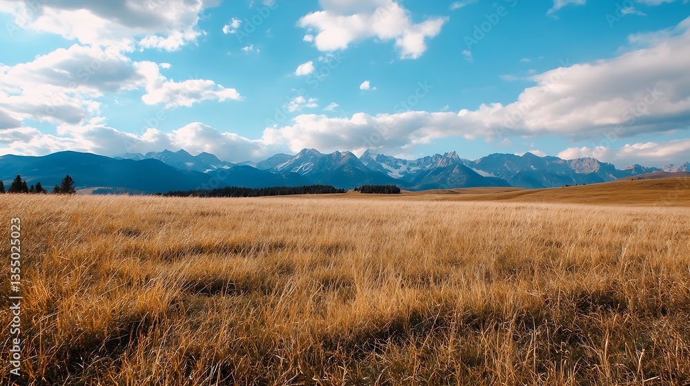 Vast golden grassland under a blue sky with distant mountains providing a stunning backdrop : Generative AI