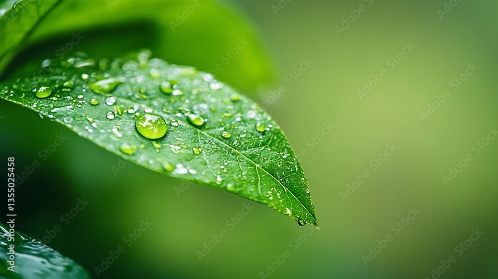 Closeup of fresh green leaves adorned with dew droplets sparkling in natural light : Generative AI Closeup of fresh green leaves adorned with dew droplets sparkling in natural light : Generative AI