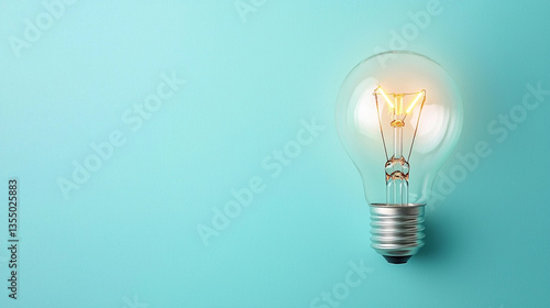 A glowing light bulb against a soft turquoise background, symbolizing ideas, innovation, and creativity.