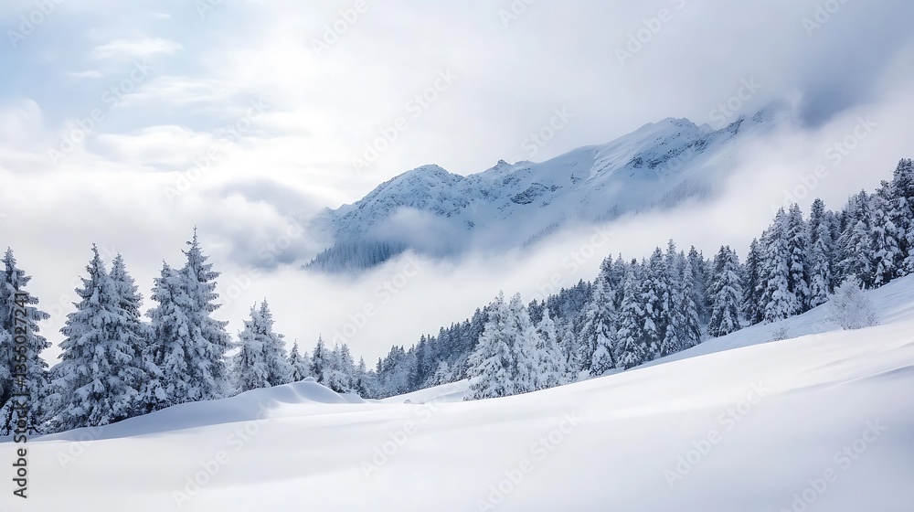 A stunning winter landscape covered in fresh snow with majestic mountains peeking through low fog and evergreen trees : Generative AI A stunning winter landscape covered in fresh snow with majestic mountains peeking through low fog and evergreen trees : Generative AI