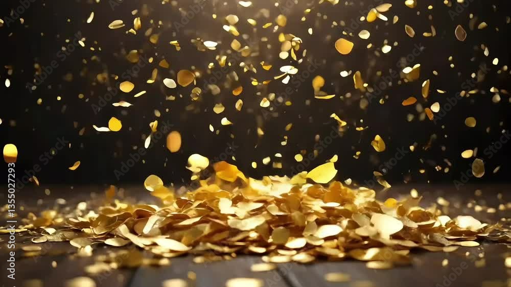 Shimmering gold coins sparkling and falling against a dark background Shimmering gold coins sparkling and falling against a dark background