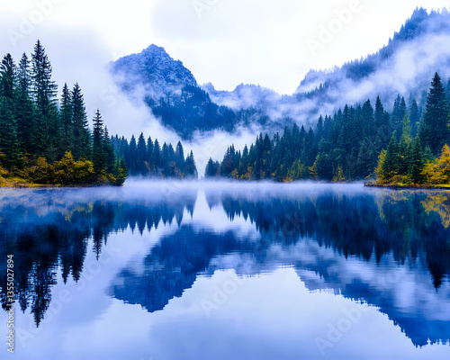 Misty Mountain Lake Reflection