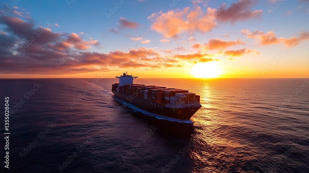 Large cargo ship sailing across the ocean at sunset with dramatic clouds and gentle waves : Generative AI Large cargo ship sailing across the ocean at sunset with dramatic clouds and gentle waves : Generative AI