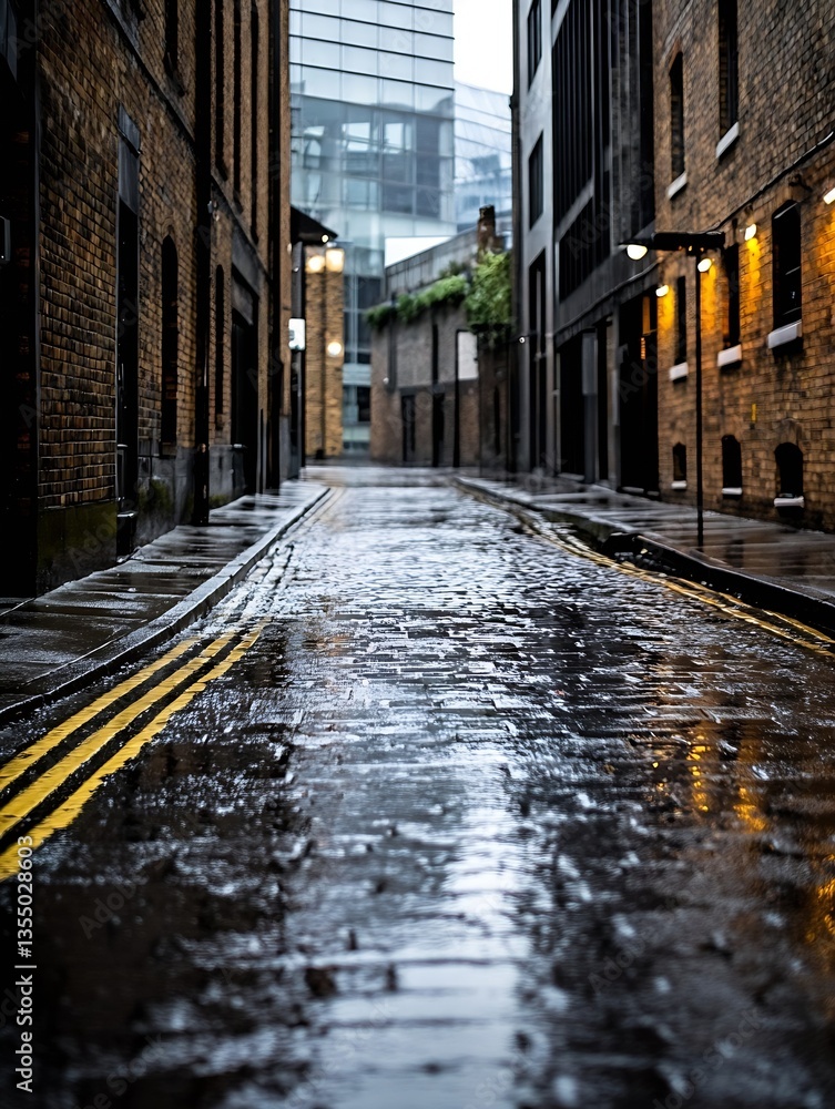 Rainsoaked urban alley showcasing reflections and wet surfaces highlighting mood and atmosphere : Generative AI Rainsoaked urban alley showcasing reflections and wet surfaces highlighting mood and atmosphere : Generative AI