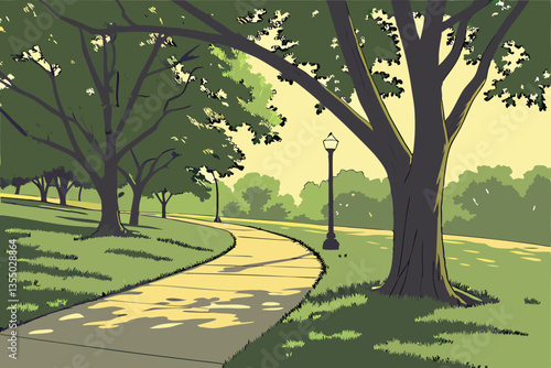 17 Sunlit park pathway, lush green trees, golden hour glow, winding concrete path, tranquil nature scene, verdant grass, dappled sunlight, serene landscape, peaceful walkway, vibrant foliage, warm sum
