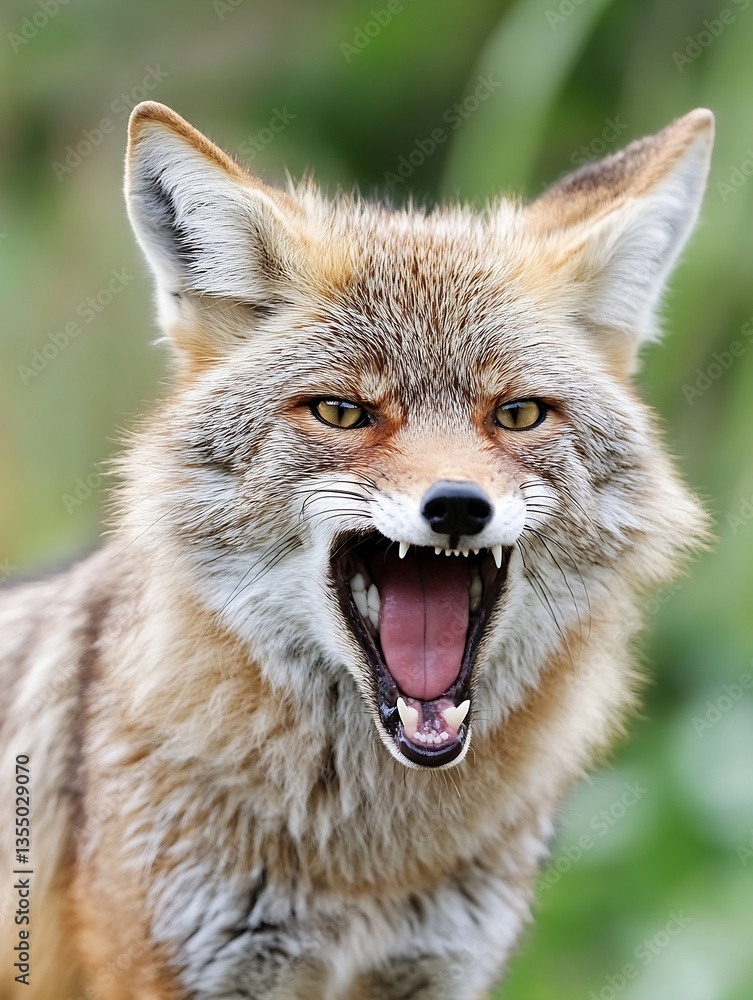 Obraz premium Close up of a coyote showing fierce expression with an open mouth in natural habitat : Generative AI