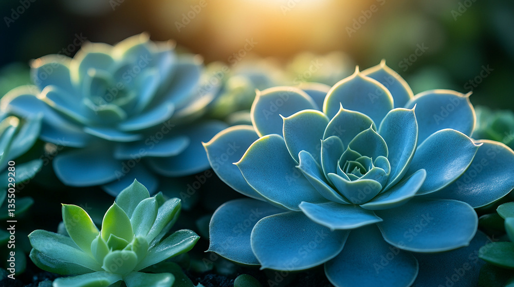 The scene highlights the play of light and shadow on succulent leaves, symbolizing their resilience and adaptability in arid environments through water storage capabilities and efficient resource use. The scene highlights the play of light and shadow on succulent leaves, symbolizing their resilience and adaptability in arid environments through water storage capabilities and efficient resource use.