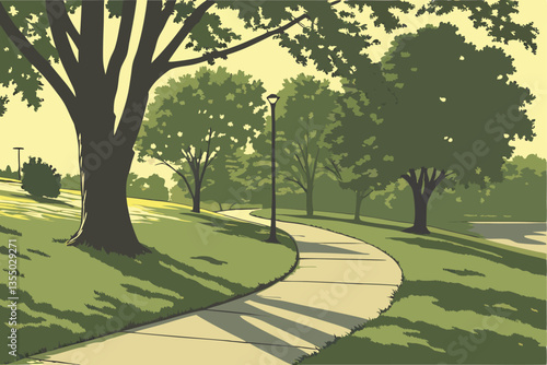 17 Sunlit park pathway, lush green trees, golden hour glow, winding concrete path, tranquil nature scene, verdant grass, dappled sunlight, serene landscape, peaceful walkway, vibrant foliage, warm sum