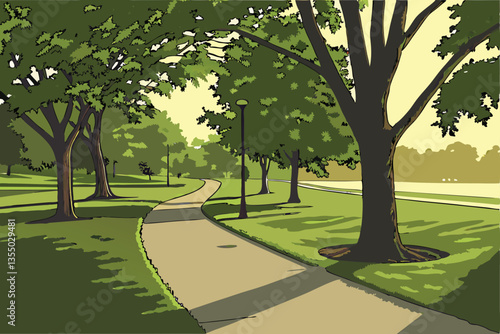 17 Sunlit park pathway, lush green trees, golden hour glow, winding concrete path, tranquil nature scene, verdant grass, dappled sunlight, serene landscape, peaceful walkway, vibrant foliage, warm sum
