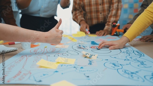 Tableau sur toile A dynamic workshop scene showcasing multiple hands engaged in writing and planning on a large paper with sticky notes, highlighting teamwork and creative thinking