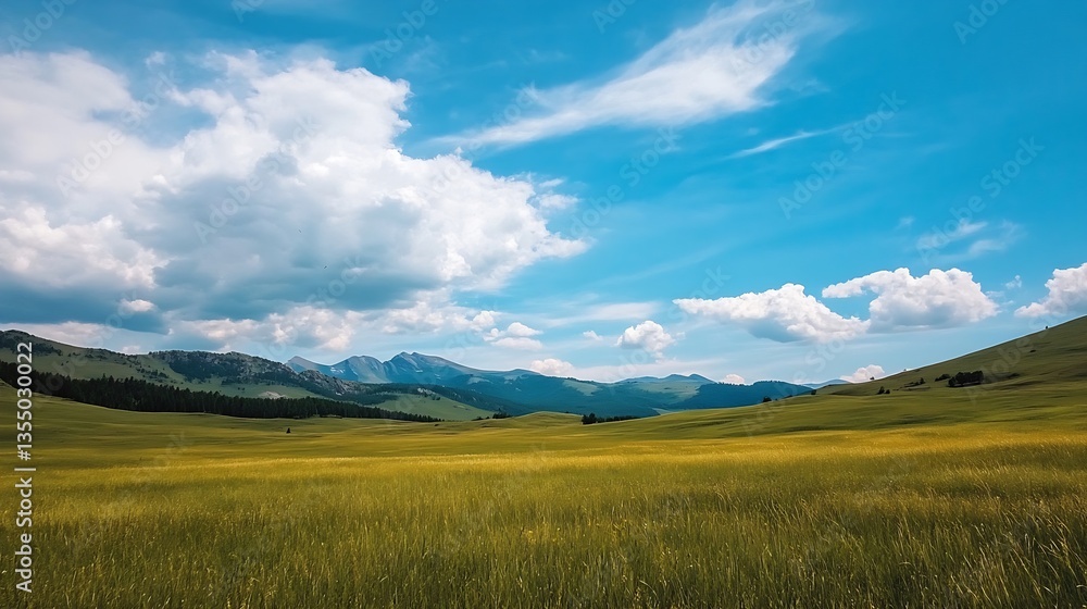 Obraz premium Expansive green meadow under a bright blue sky filled with fluffy white clouds in a rural setting : Generative AI