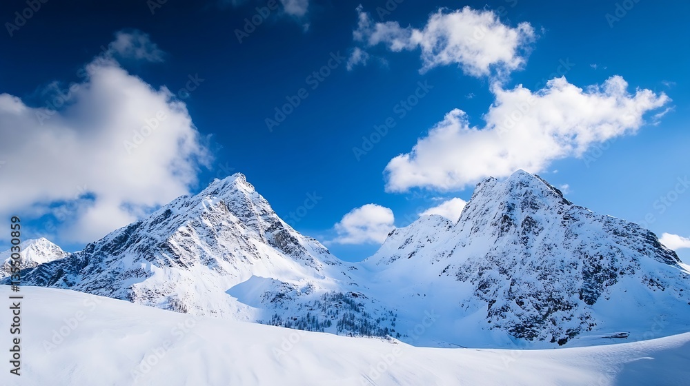 Majestic snowcovered mountain peaks under a blue sky with fluffy clouds showcasing the beauty of nature at its finest : Generative AI Majestic snowcovered mountain peaks under a blue sky with fluffy clouds showcasing the beauty of nature at its finest : Generative AI