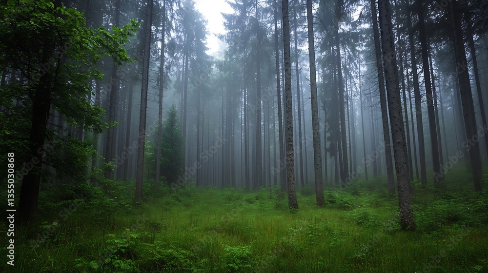 Fototapeta premium Dense fog enveloping a serene forest scene with tall trees and lush undergrowth : Generative AI
