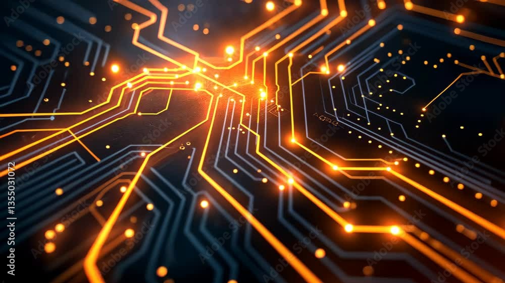 Glowing orange lights on electronic circuit board pathways. High-resolution digital artwork. Technology and computing concept. 8k Wallpaper High-resolution digital art.