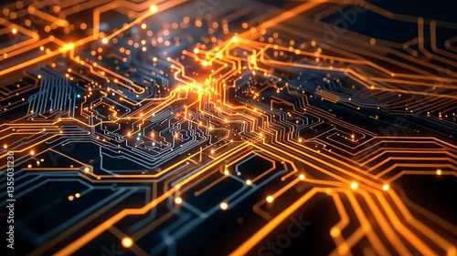 Glowing orange lights on electronic circuit board pathways. High-resolution digital artwork. Technology and computing concept. 8k Wallpaper High-resolution digital art.