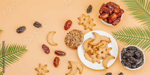 Wallpaper Mural Traditional Ramadan Kareem concept snack for Iftar or Suhoor meal on light orange background Torontodigital.ca