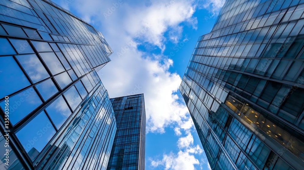 Fototapeta premium Stunning View of Modern Skyscrapers Reaching Towards the Blue Sky with White Clouds : Generative AI