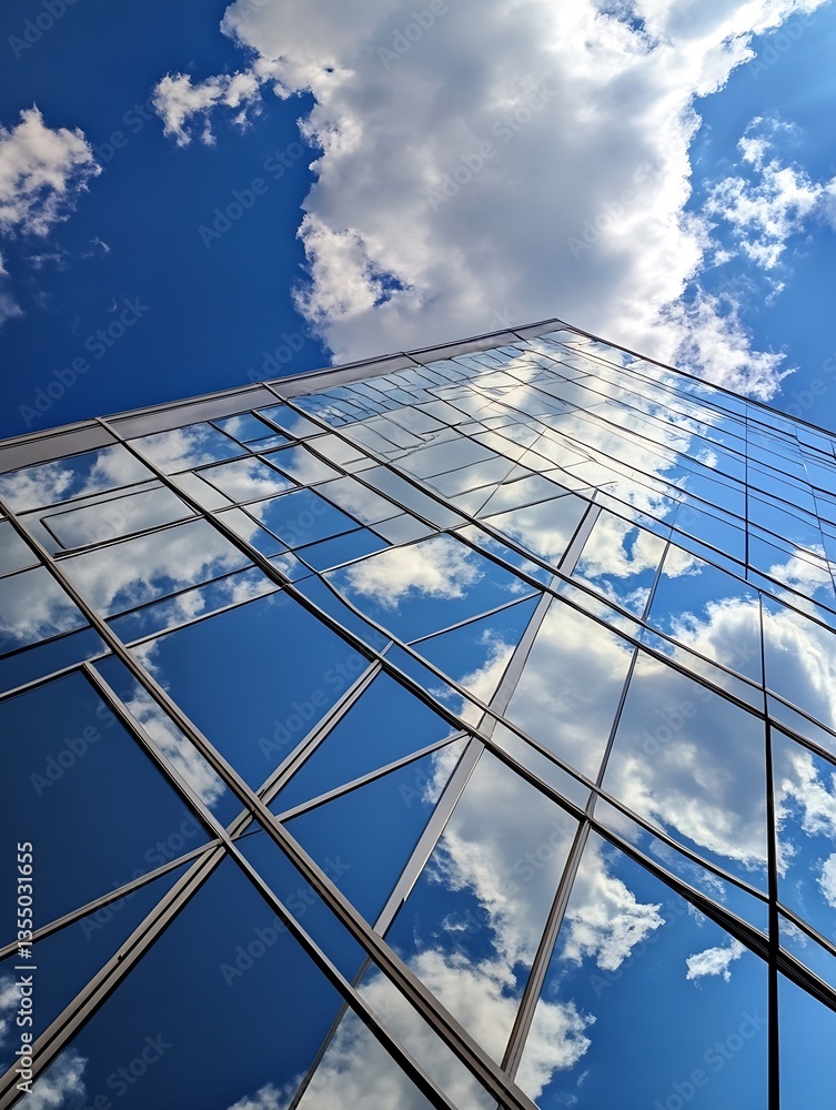Obraz premium Modern High Rise Building Reflecting Blue Sky and Clouds in Urban Area : Generative AI
