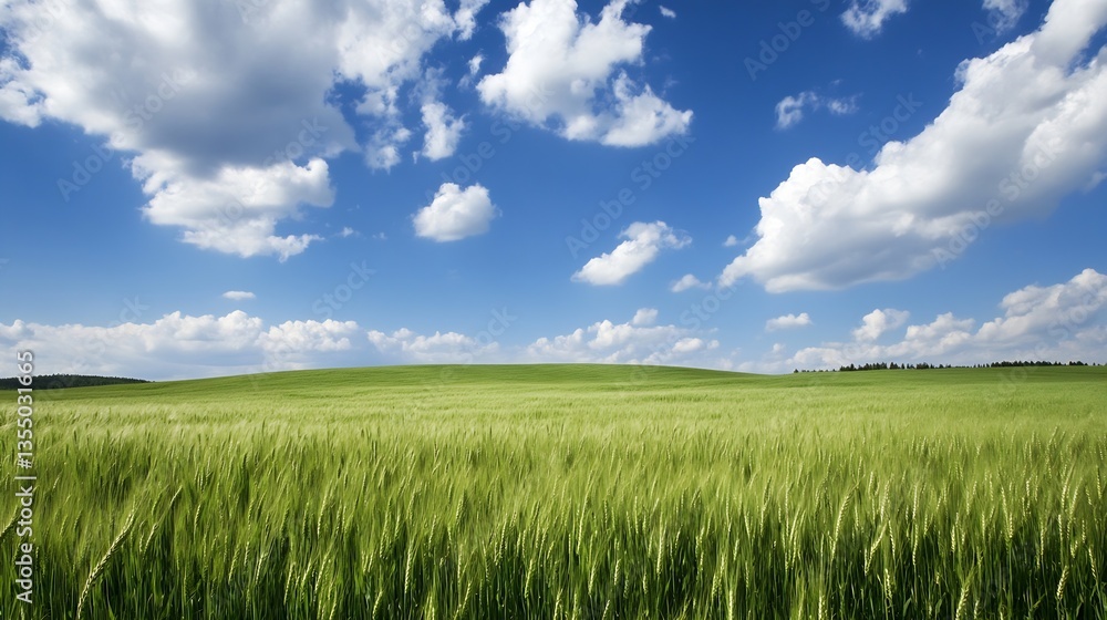 Obraz premium Expansive green field under a vibrant blue sky with fluffy white clouds and natural beauty : Generative AI