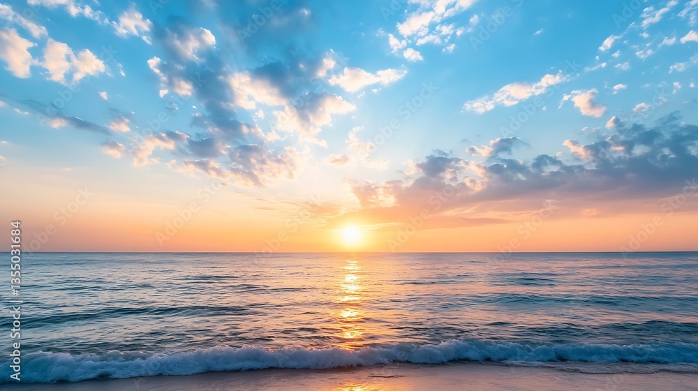 Obraz premium Stunning sunset over a calm ocean with waves and clouds creating a dramatic sky : Generative AI