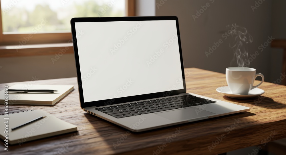 A sleek laptop with a blank screen sits on a wooden table, alongside a steaming cup of coffee, notebooks, and a pen, ideal for remote work and creative inspiration. A sleek laptop with a blank screen sits on a wooden table, alongside a steaming cup of coffee, notebooks, and a pen, ideal for remote work and creative inspiration.
