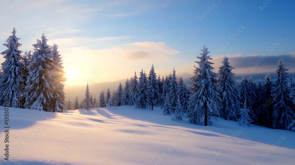 Stunning view of a snowy landscape at sunset with tall evergreen trees and soft glowing light : Generative AI Stunning view of a snowy landscape at sunset with tall evergreen trees and soft glowing light : Generative AI