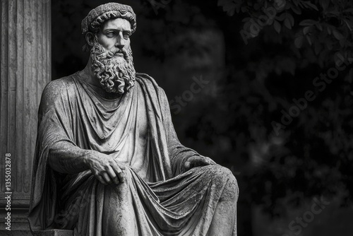 Marble Statue of Seated Man with Curly Beard in Toga - Ancient Greek Philosopher or Roman Emperor - Portraiture in Sculpture