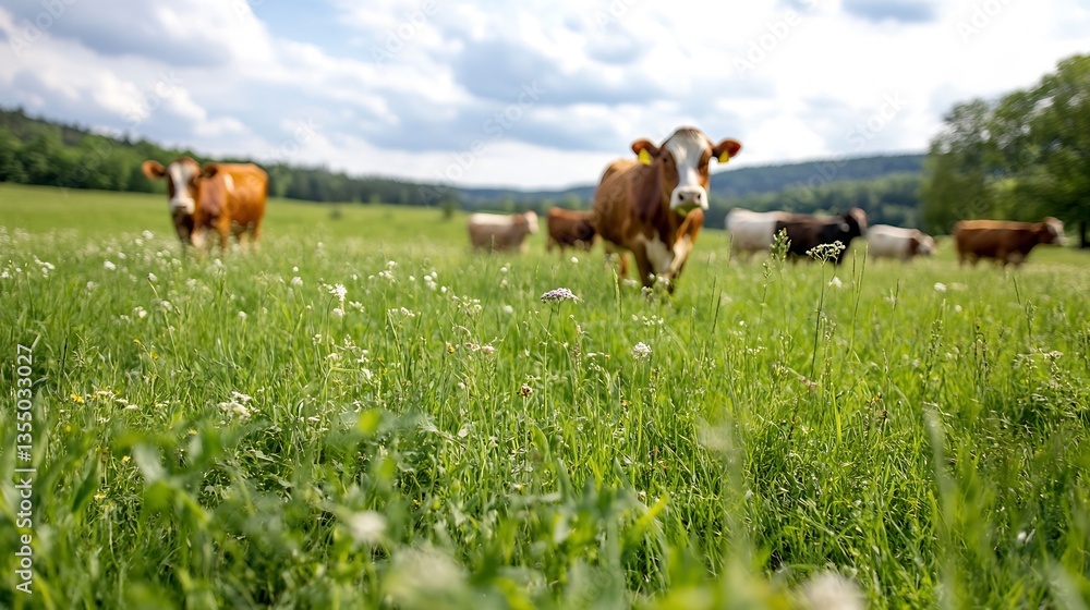 Peaceful Pasture Scene with Cows Grazing in a Lush Green Field Under Blue Sky : Generative AI Peaceful Pasture Scene with Cows Grazing in a Lush Green Field Under Blue Sky : Generative AI
