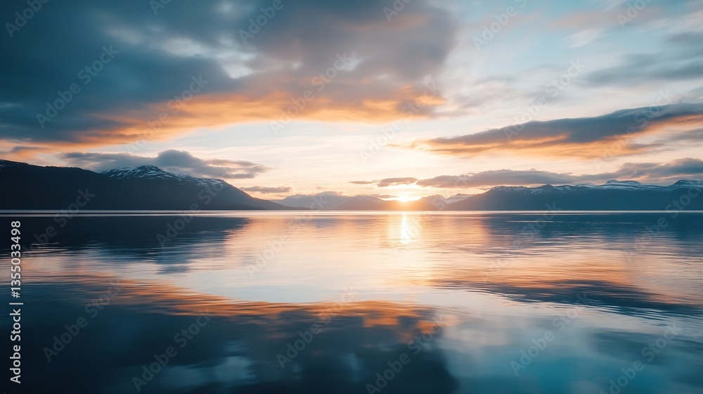 Breathtaking sunset over calm lake waters reflecting vibrant colors of the sky in serene nature landscape : Generative AI Breathtaking sunset over calm lake waters reflecting vibrant colors of the sky in serene nature landscape : Generative AI
