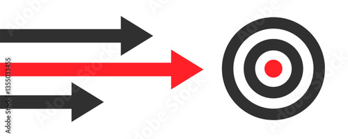 Arrows leading point to target icon placing red goal dartboard symbol, strategy future vision success, archery target with arrow isolated, business mission setting concept, victory sign