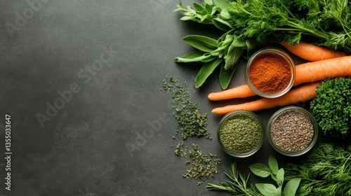 A vivid assortment of fresh herbs, spices, and carrots arranged artfully on a dark surface, perfect for a culinary presentation or healthy cooking inspiration.