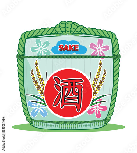 Sake - Japanese liqueur in tradition barrel or bucket with Japanese text in red circle meaning sake drawing in colorful cartoon vector